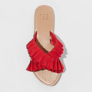 Red Sandals Ruffle Crossband Slide Women’s 6 NEW